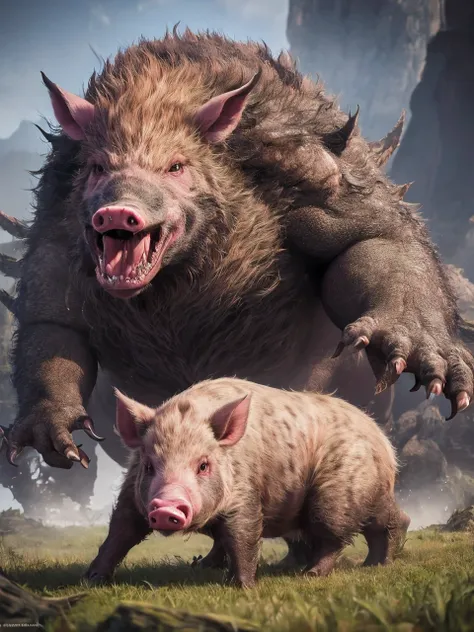 there is a very big boar with a big nose and big teeth, hyper realistic fantasy monster, realistic creature concept, giant pig, ...