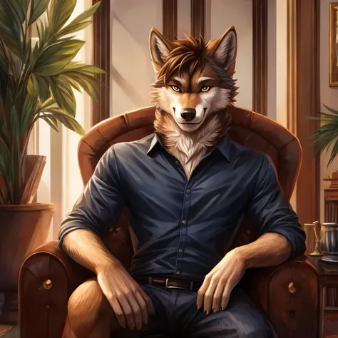 Male wolf furry character, anthropomorphic smiling, looking at viewer, brown hair, sitting on a chair, illustration, detailed, in the living room, 