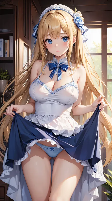 ((highest quality、High resolution、masterpiece))、(((2girls))), Portrait、A beautiful woman、Perfect body、beautiful ample breasts、Long blonde、bangs、Blue and white、Embellished blue sexy dress、Embarrassed、((Lift up your skirt and show your panties))、I&#39;m temp...