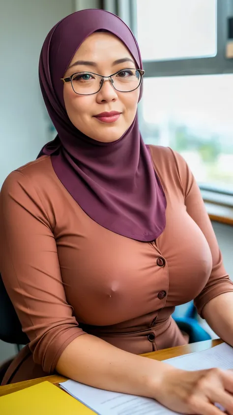 ((beautiful malaysia college Lecturer woman)), 45 Years old, Middle age woman, name mira filzah brown eye, wearing nerd eyewear,tudung muslim,modernbaju kurung look rich,calm,confident,happy,beautifull body,looking at viewer, sitting on desk in classroom, ...