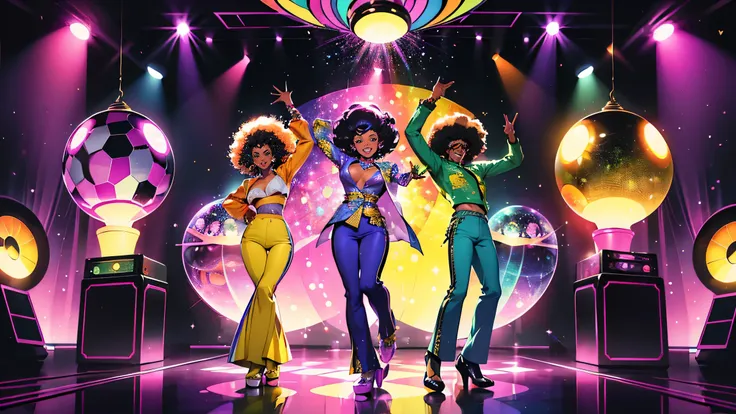 Funky illustrations (60s soul disco), psychedelic, club atmosphere (mirror ball), DJ booth, dancing men and women, flashy clothing (bell bottoms, platform shoes, afro hair, etc.), cheerful and energetic appearance, large mirror ball, colorful Light smoke, ...