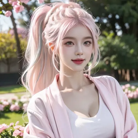 One white beautiful girl ,black detailed eyes, (white and pink hair), smiling, ((red jacket)), leggings, ((half white and half pink hair)) in garden, ponytail, ((cleavage))