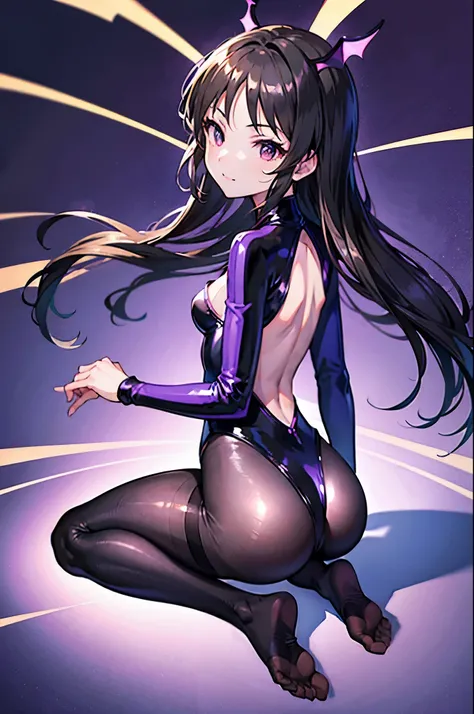 highest quality　Highest quality　draw the face carefully　Anime style high quality face　Super Glowing Skin　Black full body suit　Purple pantyhose　barefoot　Succubus　lure　smile　Rear view　Back view