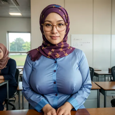 ((beautiful Nerd malaysia college Lecturer woman)), 45 Years old, Middle age woman, name mira filzah brown eye, wearing nerd eyewear,tudung muslim,modernbaju kurung look rich,, unbuttoned baju Kurung, calm,confident,happy,beautifull body,looking at viewer,...