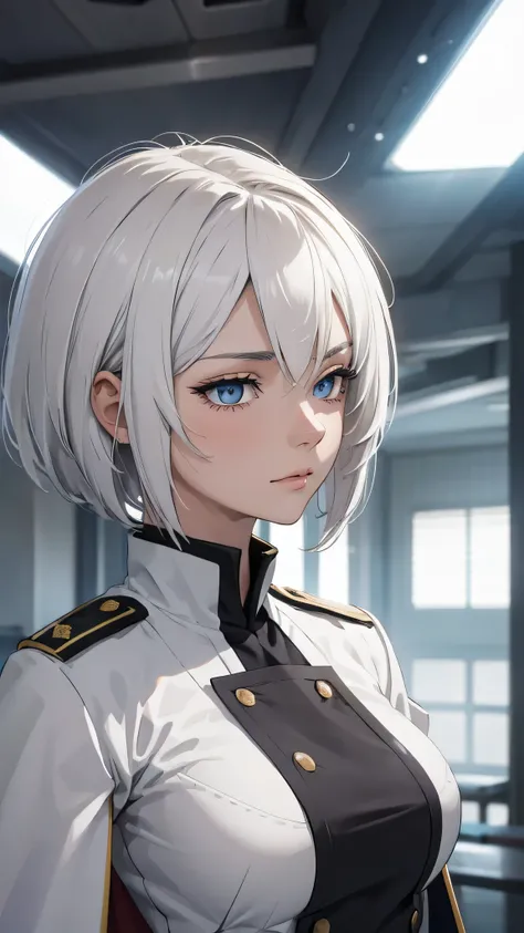 extremely detailed CG unity 8k wallpaper), (masterpiece), (best quality), (ultra-detailed), (best illustration), (best shadow), (absurdres) ,(detailed eyes), 2b, 1girl, japanese hairstyle , white hair, solo, Intimidating women, admiral uniform, night, hero...