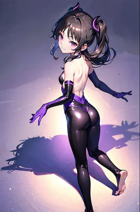 highest quality　Highest quality　draw the face carefully　Anime style high quality face　Super Glowing Skin　Black full body suit　Purple pantyhose　barefoot　Succubus　lure　smile　Rear view　Back view