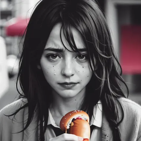 create a dramatic image of a depressed woman with health problems eating a hot dog