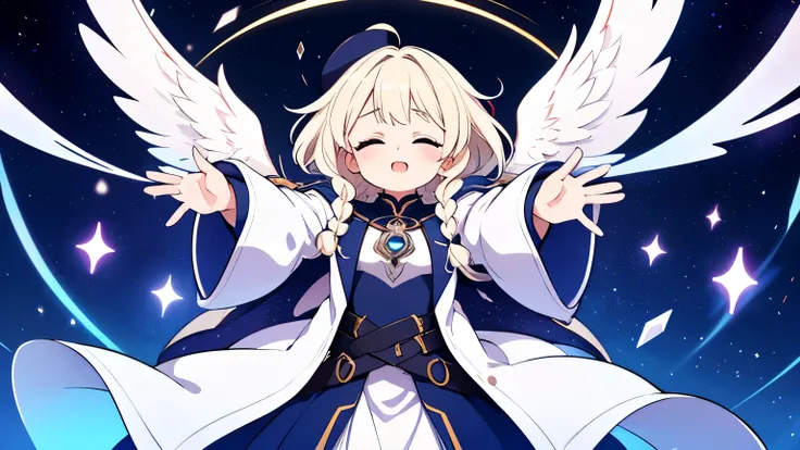 A female alchemist chanting a spell with her hands outstretched and her eyes closed,Platinum blonde curly short hair,Partial long hair braids,White coat-like jacket,The clothes inside are navy blue,Flying in the sky,Red gemstone shards are floating around ...