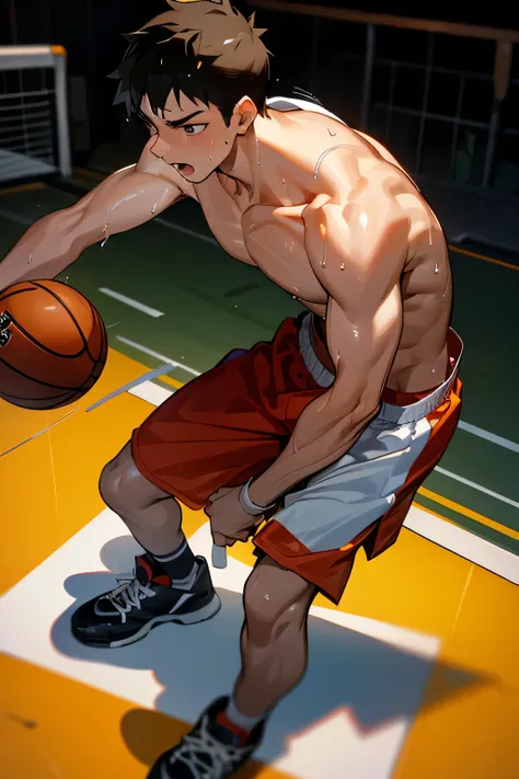 a shirtless 22-year old super muscular sweating male wearing basketball shorts, rubber shoes, playing basketball, in the court, sweat-drenched, soaking wet, drenched with sweat, sweating profusely, soaking wet with sweat, panting, exhausted, gasping,