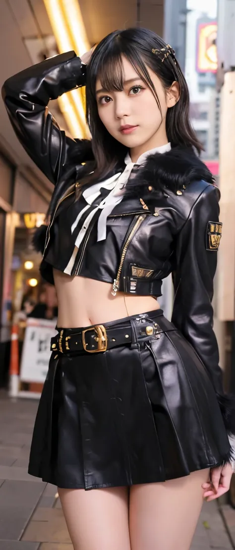 wild punk idol girl、whole body、good style、、、gold tight mini skirt costume、fantastic city、、、gorgeous black fur jacket、great belt、...