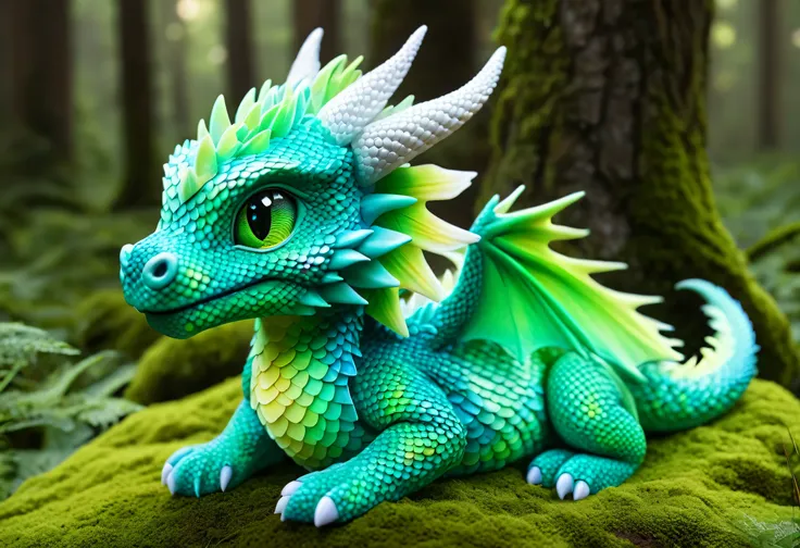 A luminous dragon sits in the forest, Green-scaled Dragon, Fluffy furry rainbow dragon, Cute Dragon, Hair dragon scales, Cute little green dragon, Crystallization scale, newly hatched dragon, intricately Detailed scale, Dragon Art, 8k high quality detailed...