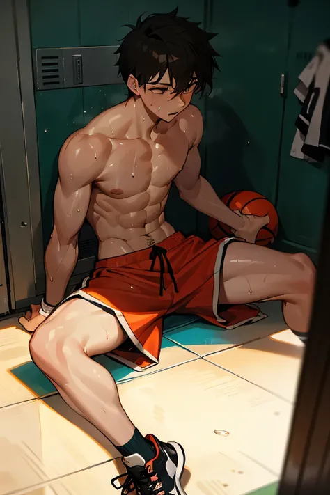 a shirtless 22-year old super muscular sweating male wearing basketball shorts, rubber shoes, sweat-drenched, soaking wet, drenched with sweat, sweating profusely, soaking wet with sweat, panting, exhausted, gasping, laying on the floor, in the locker room...