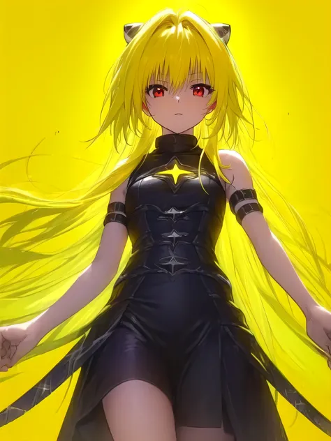 toloverumy, my, (Yellow Hair:1.5), Long Hair, (Red eyes:1.5), hair ornaments, (Small box:1.2), 
break sleeveless, Removable sleeves, dress, black dress, Black Skirt, Clothing cutouts, Cleavage cutout,
break outdoors, city,
break looking at viewer, (Cowboy ...