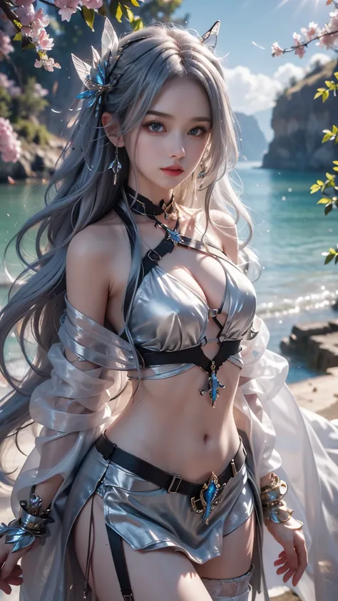 8K, ultra hd, masterpiece, hd colors, 1 girl, perfect face, very long curly hair, detailed eyes, simple clothing, ((silver clothing)), stocking, ((criss-cross lace)), sardine, straps, net clothing, ((long loops)), jwellery, waterside, Realistic scenery, ep...