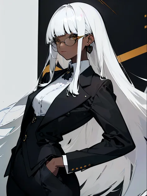 (top-quality、​masterpiece:1.2) 1woman、adult、((dark skinned female、long straight white hair, blunt bangs, hair hanging over the e...