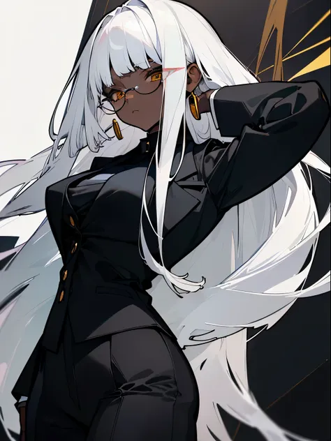 (top-quality、​masterpiece:1.2) 1woman、Adult、((dark skinned female、long white hair, Blunt bangs, Hair hanging over the ears)) golden eyes、eye glasses、((Black Business Suit、Black tailored jacket、white  shirt、Black pantsuit)) (office backdrop) (Serious look)