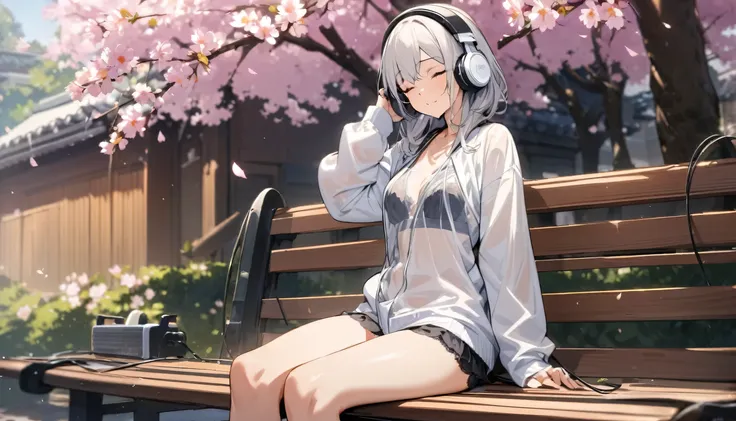 ((best quality)), ((masterpiece)), (detailed), perfect face, sitting under the cherry blossom tree, listening to music, One woman, wearing headphones, eyes closed, wearing underwear, underwear is transparent, sitting on a bench