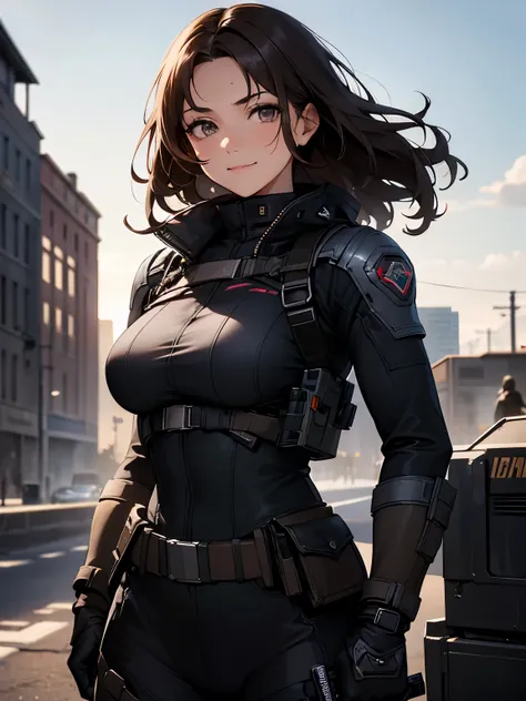 High quality, ultra-realistic images of women,  powerful features, Fair skin.  Dark brown curly hair, Dark Eyes.  A woman is wearing a semi-futuristic combat uniform.  She has a gun and a knife strapped to her body..  beautiful woman is smiling.  her eyes ...