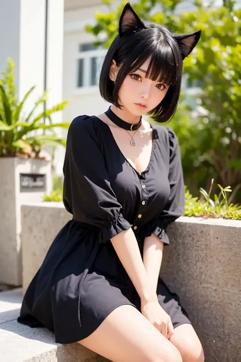 A girl, casual style, sitting , short black hair, Left bangs, with black dress, black skirt, (with yellow eyes and cat ears),