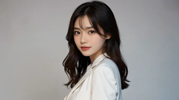 (masterpiece:1.2,highest quality),((White background)),((Photographed with an ultra-wide-angle single focus lens)),depict the upper body,1 young woman,((suit)),(Big Breasts),((Look to the side)),Black wavy hair,((Fine and beautiful eyes)),blushed,Healthy S...