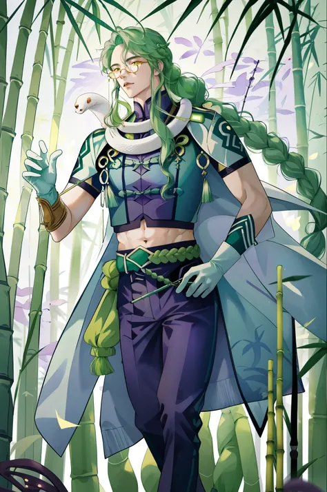 1 adult male man solo, green hair long braid, white snake on his shoulders, yellow eyes, blue shirt, black and white gloves, green fabric belt, purple pants, light blue coat, walking in a bamboo forest, bare stomach belly, (((wearing glasses)))