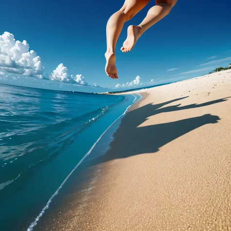 Supergirl、Tropical Beach、blue sea、White Sand、evening、Stroll along the beach、(Low - Angle:1.6)、Sexy pose with beautiful legs、gravure、