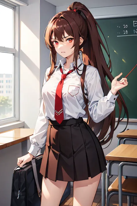 1girl,18y.o,light red eyes,brown hair,ponytail hair,long hair,school outfit,medium tits size,classroom background,an annoyed,using a blue tie