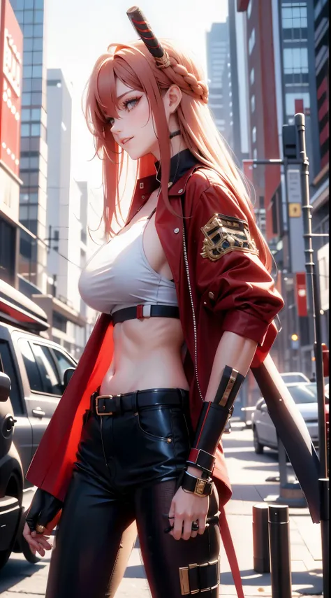 tmasterpiece,, Best quality at best, A high resolution, 1girll， with short golden hair，Red clotheary，hason, Crop top, (Large breasts 1.4), nabel，Fighting posture，cyber punk perssonage，City streets, holding down a katana,