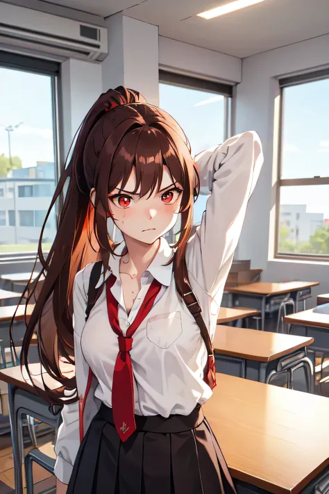 1girl,18y.o,light red eyes,brown hair,ponytail hair,long hair,school outfit,medium tits size,classroom background,an annoyed,using a blue tie