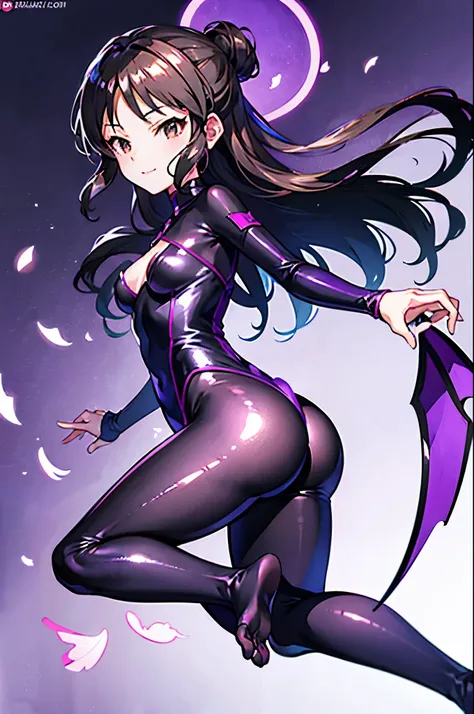 highest quality　Highest quality　draw the face carefully　Anime style high quality face　Super Glowing Skin　Black full body suit　Purple pantyhose　barefoot　Succubus　lure　smile　Rear view　Back view