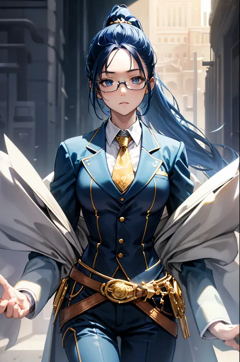 female detective, rod, single glasses, vest, overcoat, blue hair, tie, chilling, formal suit, best quality anime 16k wallpaper quality, extreme eye and body detail, high resolution , masterpieces, ultra lighting, starlight, close-up, creative, scale up, gr...