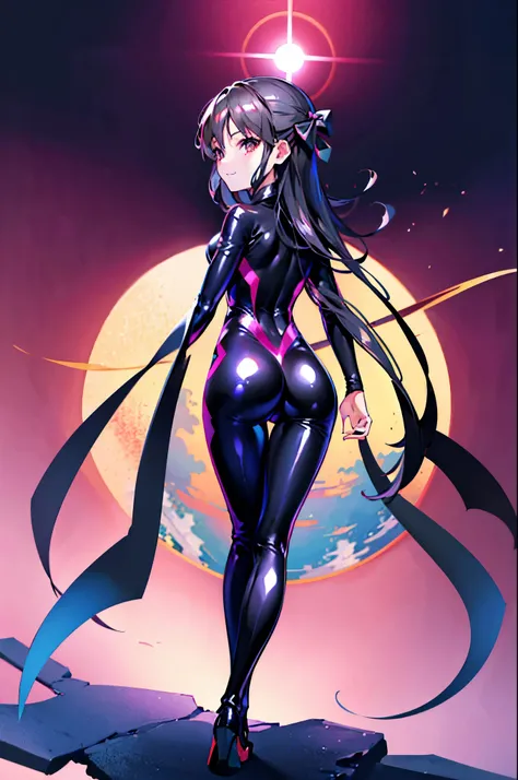 highest quality　Highest quality　draw the face carefully　Anime style high quality face　Super Glowing Skin　Black full body suit　Dark Sakura　Succubus　lure　smile　Rear view　Back view