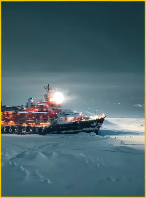 arafed ship in the middle of a snowy area with a bright light on it, antartic night, vostok-1, northern star at night, konstantin porubov, national geographic footage, stunning cinematography, inspired by Vladimir Borovikovsky, north pole, 2030, stunning v...