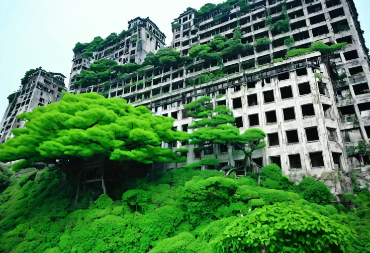 A tree in front of a building with a tower on top々or bushes, Hashima, Palace on the hill, Ruins of a Japanese village, Abandoned, Built on a steep hill, Terrifying architecture, himeji rivendell garden of eden, Empty buildings with vegetation, ruins, Natur...