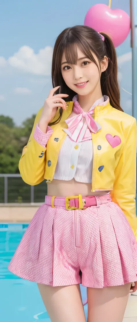 fresh idol girl、whole body、good style、、、fluorescent pink checkered tight shorts costume、、、、cute yellow jacket、great heart belt、a...