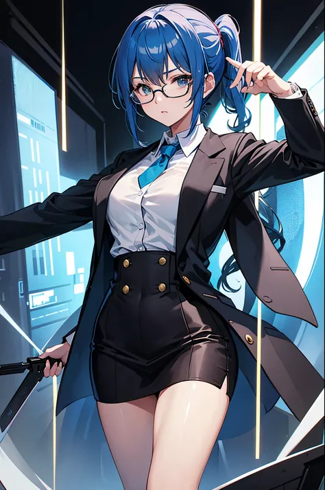 female detective, rod, single glasses, vest, overcoat, blue hair, tie, chilling, formal suit, best quality anime 16k wallpaper quality, extreme eye and body detail, high resolution , masterpieces, ultra lighting, starlight, close-up, creative, scale up, gr...