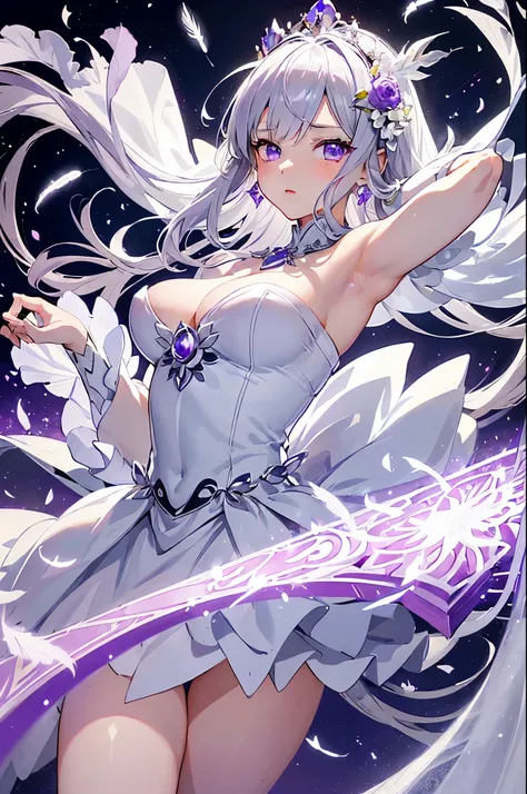 Emilia princess from Re:Zero kara Hajimeru Isekai Seikatsu, mighty half elf, ((gorgeous white and purple elegant silk wedding dress, holding a bunch of clematis, silk accesory, veil, silver necklace, diamond ring, flower earring, belt, collar, silver crown...