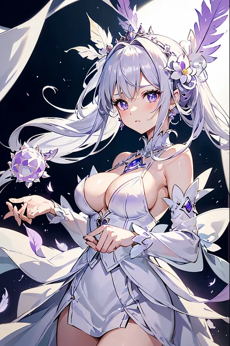 Emilia princess from Re:Zero kara Hajimeru Isekai Seikatsu, mighty half elf, ((gorgeous white and purple elegant silk wedding dress, holding a bunch of clematis, silk accesory, veil, silver necklace, diamond ring, flower earring, belt, collar, silver crown...