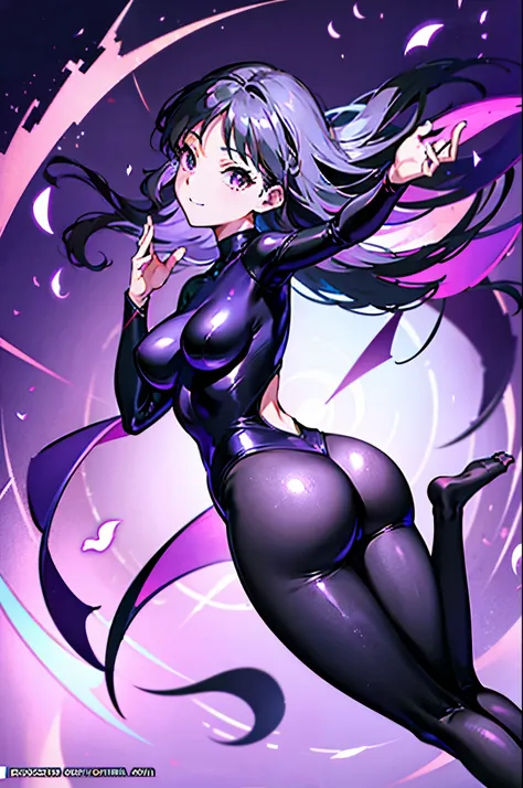 highest quality　Highest quality　draw the face carefully　Anime style high quality face　Super Glowing Skin　Black full body suit　Purple pantyhose　barefoot　Succubus　lure　smile　Rear view　Back view