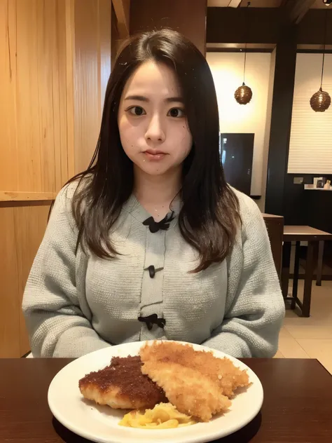 Japanese、woman、(((Eat tonkatsu))、Age 35、fat、front、Sweating、Not cute、Ugly、ugly、Ugly