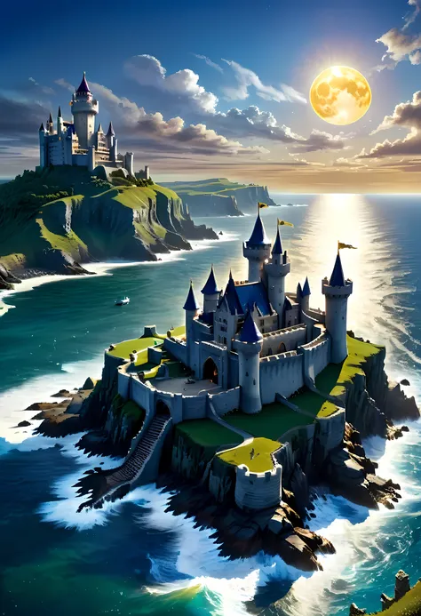 a national geographic, award winning, picture of a mighty castle on top of cliff watching the blue coast, there is a large sea a...