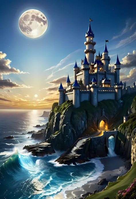 a national geographic, award winning, picture of a mighty castle on top of cliff watching the blue coast, there is a large sea a...