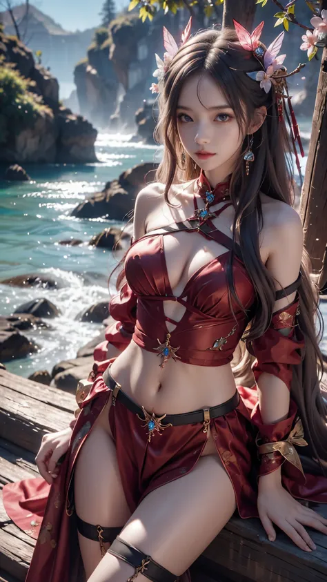 8K, ultra hd, masterpiece, hd colors, 1 girl, perfect face, very long curly hair, detailed eyes, detailed clothing, ((red clothing)), stocking, ((criss-cross lace)), ((long sardine)), straps, Pendant, net clothing, loops, bare waist, jwellery, ornaments, w...