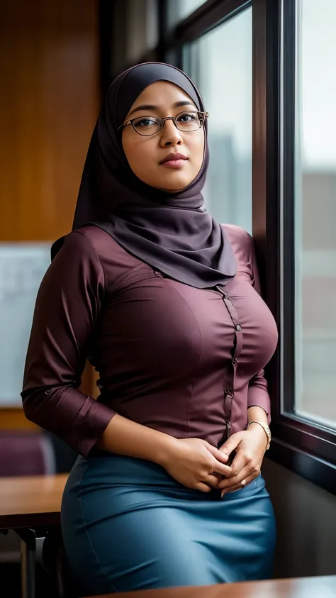 ((beautiful Nerd malaysia college Lecturer woman)), 45 Years old, Middle age woman, name mira filzah brown eye, wearing nerd eyewear,tudung muslim,modernbaju kurung look rich,, unbuttoned baju Kurung, calm,confident,happy, realistic beautiful Curvy body, W...