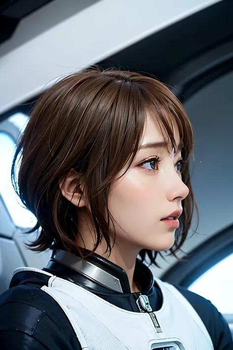 Ultra-high resolution、(Real:1.4)、One beautiful woman、Beautifully detailed eyes and skin、profile、Light brown short hair、Full space suit、Space Station、Spaceship、Remains、Cloudy、Sci-Fi Taste、Movie quality、dramatic、Dramatic composition、