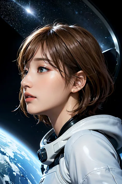 Ultra-high resolution、(Real:1.4)、One beautiful woman、Beautifully detailed eyes and skin、profile、Light brown short hair、Full space suit、Space Station、Spaceship、Remains、Cloudy、Sci-Fi Taste、Movie quality、dramatic、Dramatic composition、