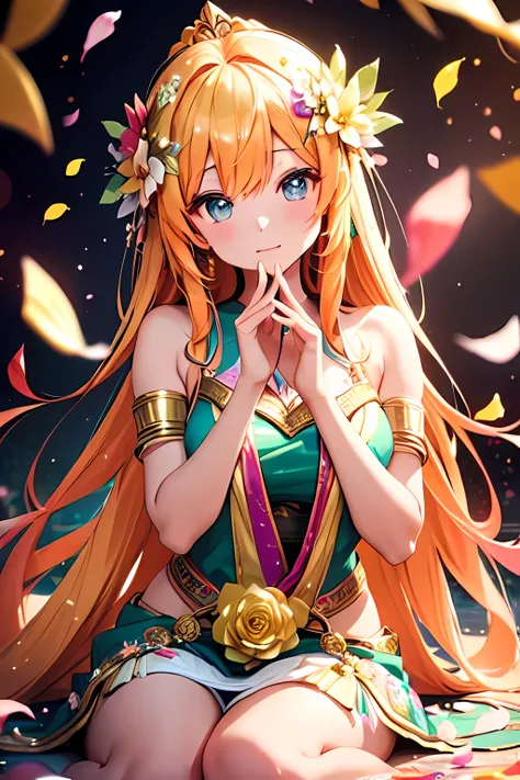 Beautiful multicoloured goddess 、dynamic pose、very long hair、(Golden decoration)、((floral decoration))、((floating flower petals、Glitter、Bokeh))、Sit up