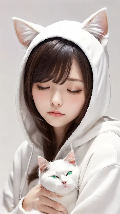 masterpiece, 4k, Bokeh, (Kawaii:1.5), (Beautiful girl:1.3), (Japanese idle:1.6), (Cat ear:1.3) , (white Hoodie:1.3),  (I love cat:1.6), Blushed face, cowboy shot, (Hold a slleeping pretty white cat :1.5), (Close eyes:1.3), (white background :1.4), 