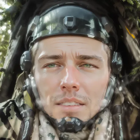 arafed man wearing a helmet and scarf in a forest, elon musk as a soldier, male soldier in the forest, portrait of a soldier, headshot profile picture, portrait of a navy seal soldier, rugged soldier, looks like jerma985, highly detailed vfx portrait, jaku...