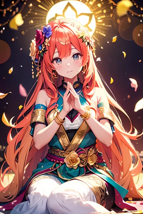 Beautiful multicoloured goddess 、dynamic pose、very long hair、(Golden decoration)、((floral decoration))、((floating flower petals、Glitter、Bokeh))、Sit up